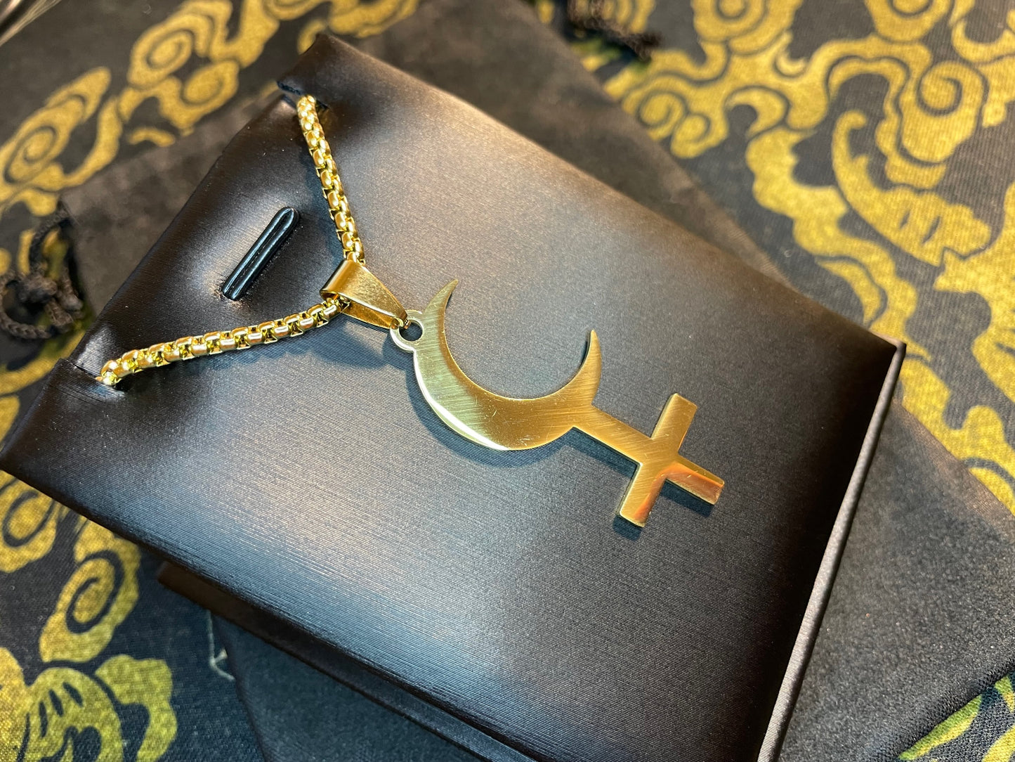 Lilith Symbol Crescent Moon Inverted Upside Down Cross Stainless Steel Necklace Gothic Pagan Satanic Wiccan Occult Jewelry Best Gift - Gold