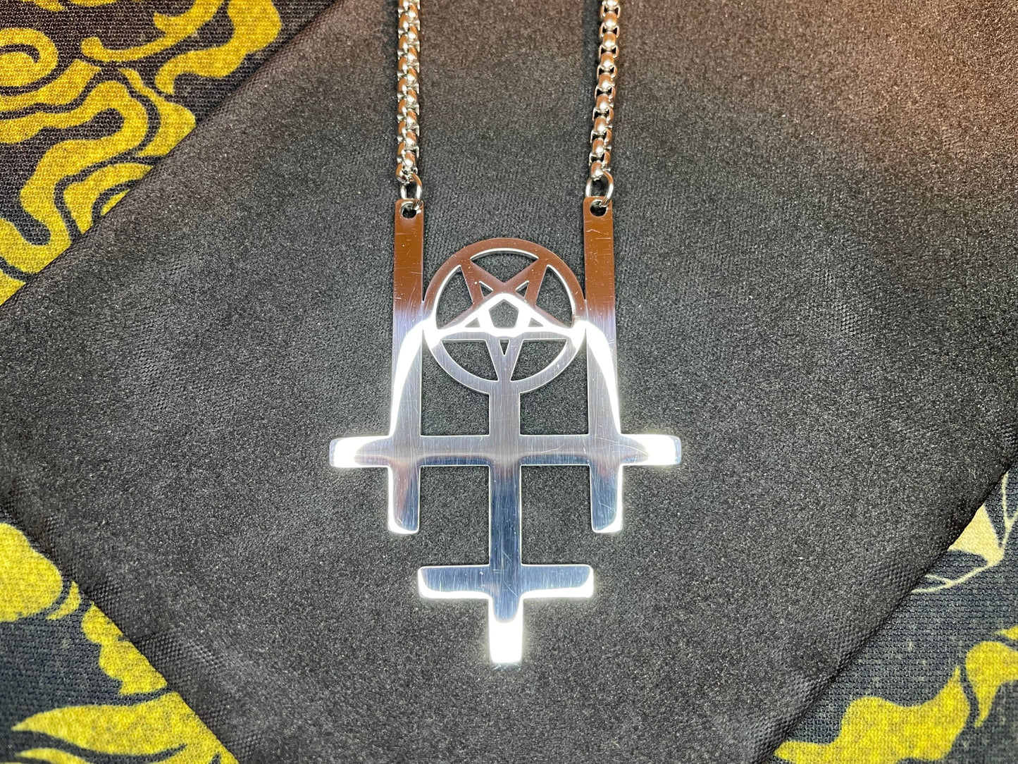 Triple Upside Down Reverse Cross Inverted Pentagram Stainless Steel Pendant Necklace Gothic Pagan Wicca Satanic Occult Jewelry Gift - Silver