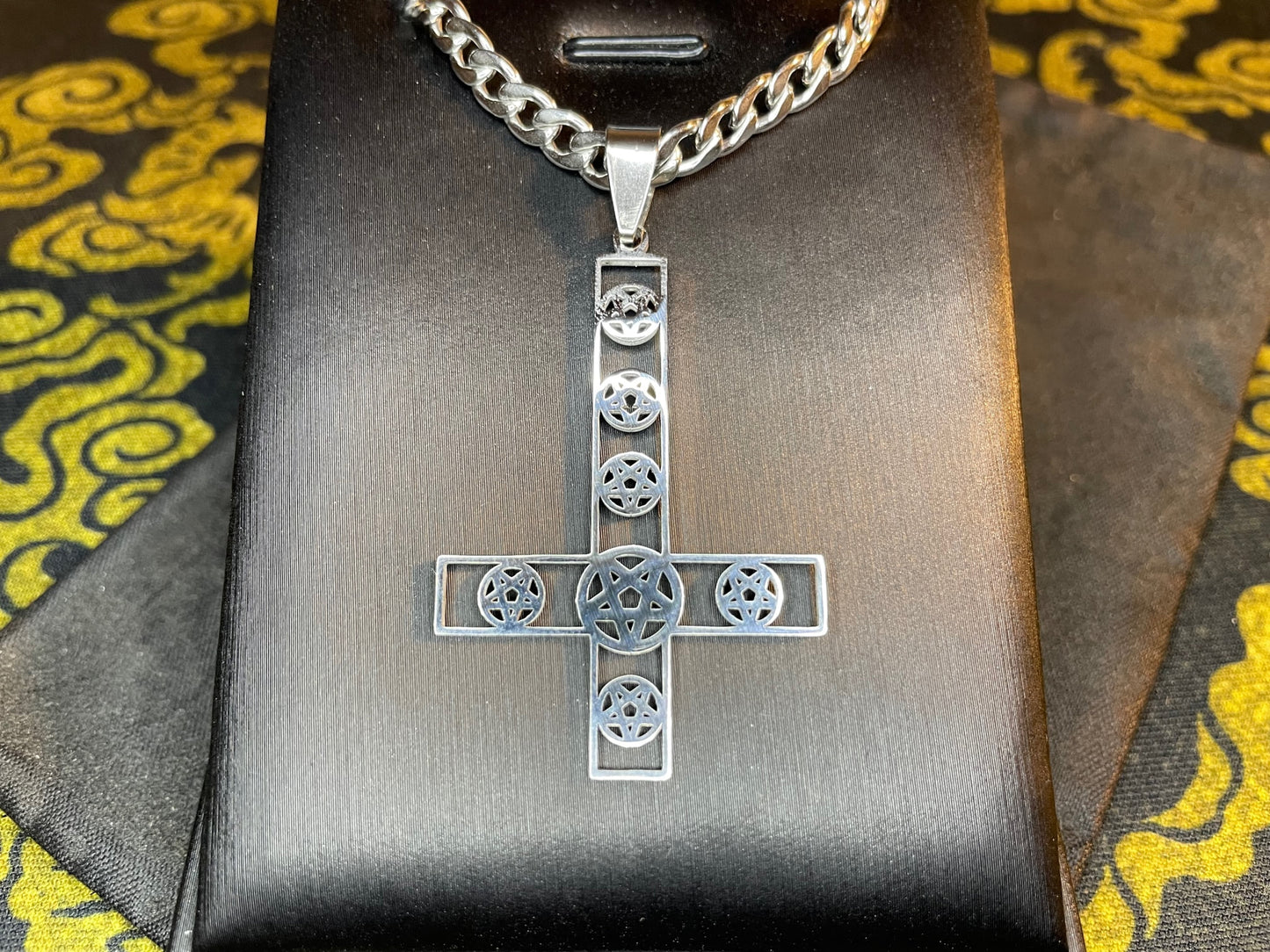 Upside Down Cross Inverted Multi Pentagram Stainless Steel Pendant Necklace Gothic Modern Satanic Church Wiccan Occult Jewelry Gift - Silver