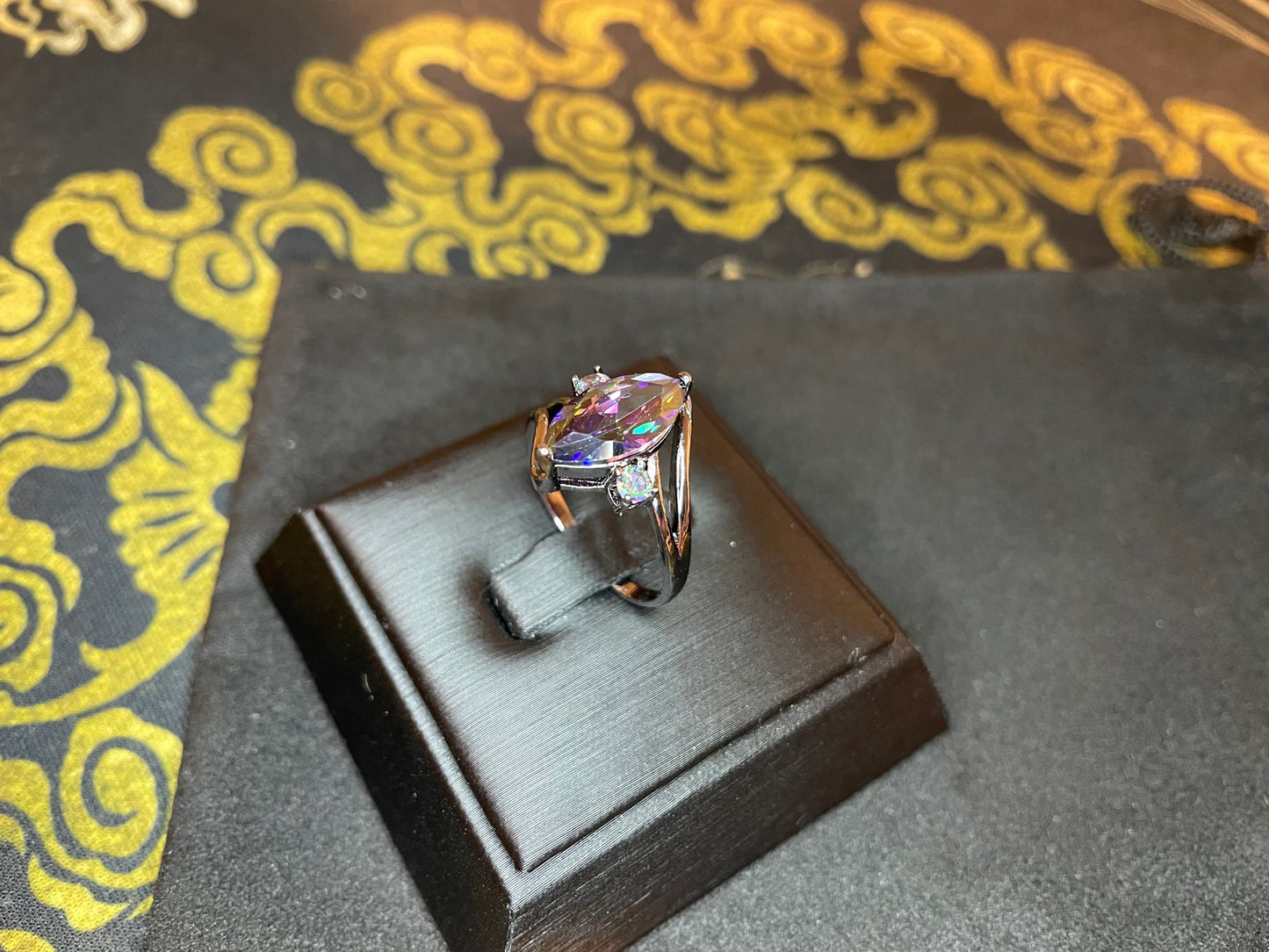 Rainbow Prismatic Diamond Zircon Black Gold Ring Band Gothic Promise Wedding Satanic Church Wiccan Occult Jewelry Best Gift - Women's