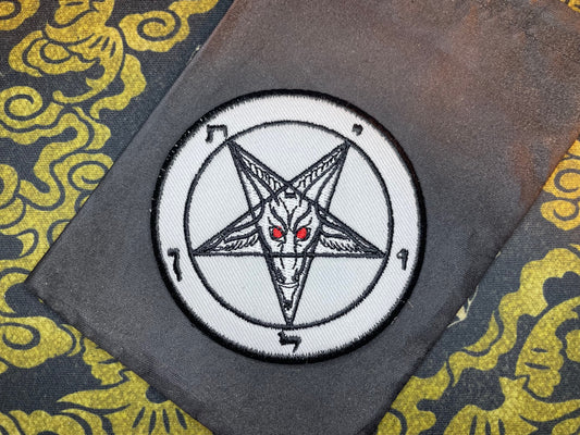 Sigil of Baphomet Embroidered Fabric Iron-On Patch Red Eyes Washable Non-Toxic Church of Satan Gothic Satanic Wiccan Occult - White & Black