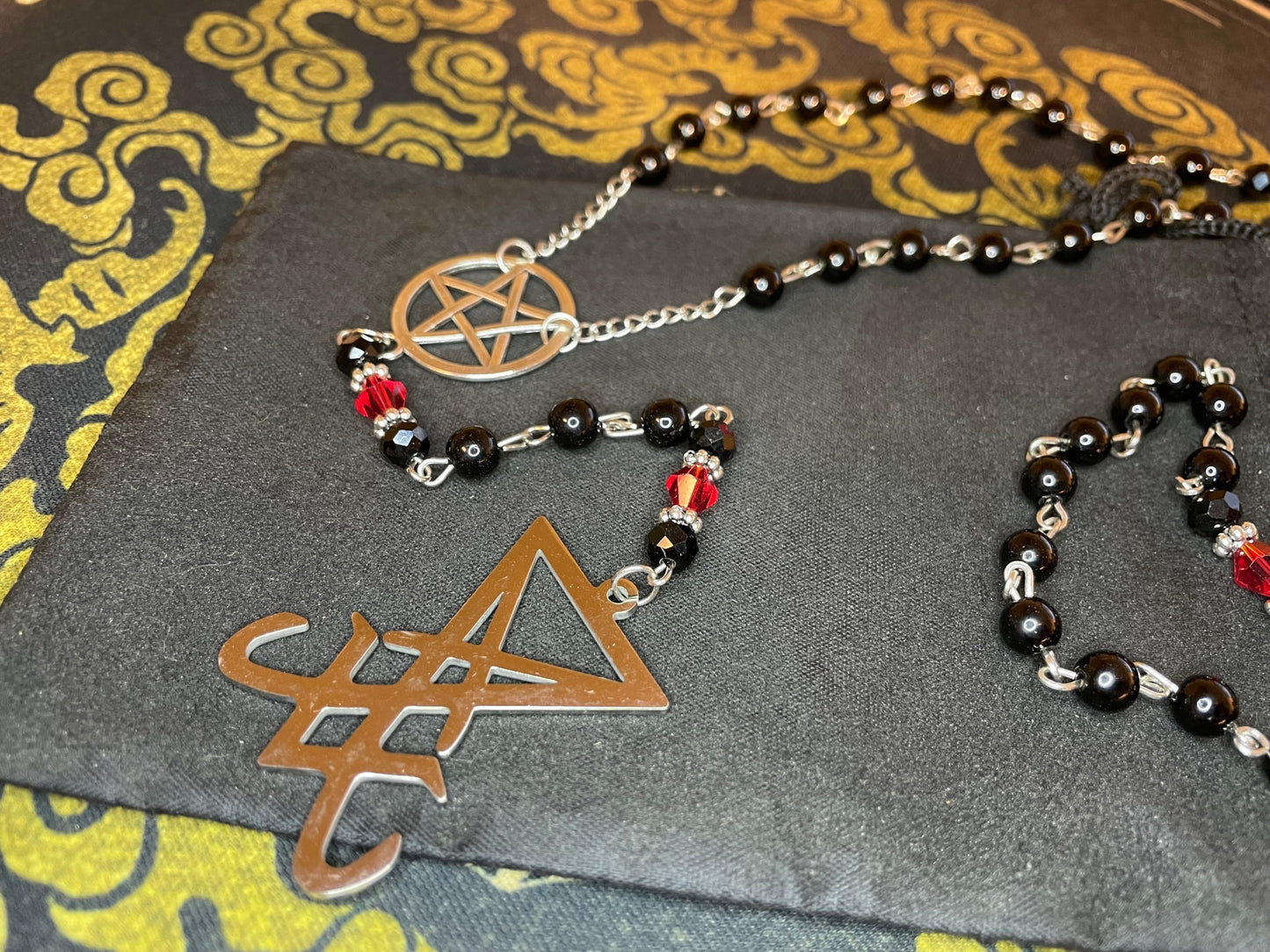 Satanic Rosary Inverted Upside Down Pentagram Sigil of Lucifer Pendant Necklace Small Bead Wiccan Occult Jewelry Gift - Silver, Black, & Red