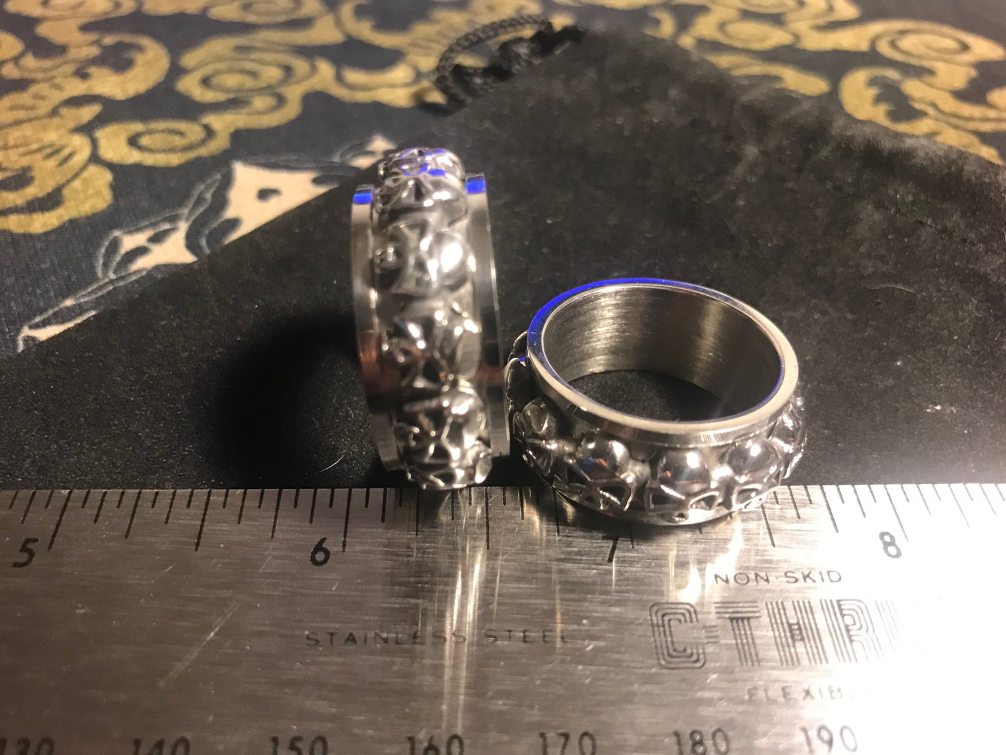 Silver Skulls Stainless Steel Spinner Ring 11 mm Band Gothic Death Biker Punk Satanic Wiccan Skeleton Rotatable Occult Jewelry Gift - Silver