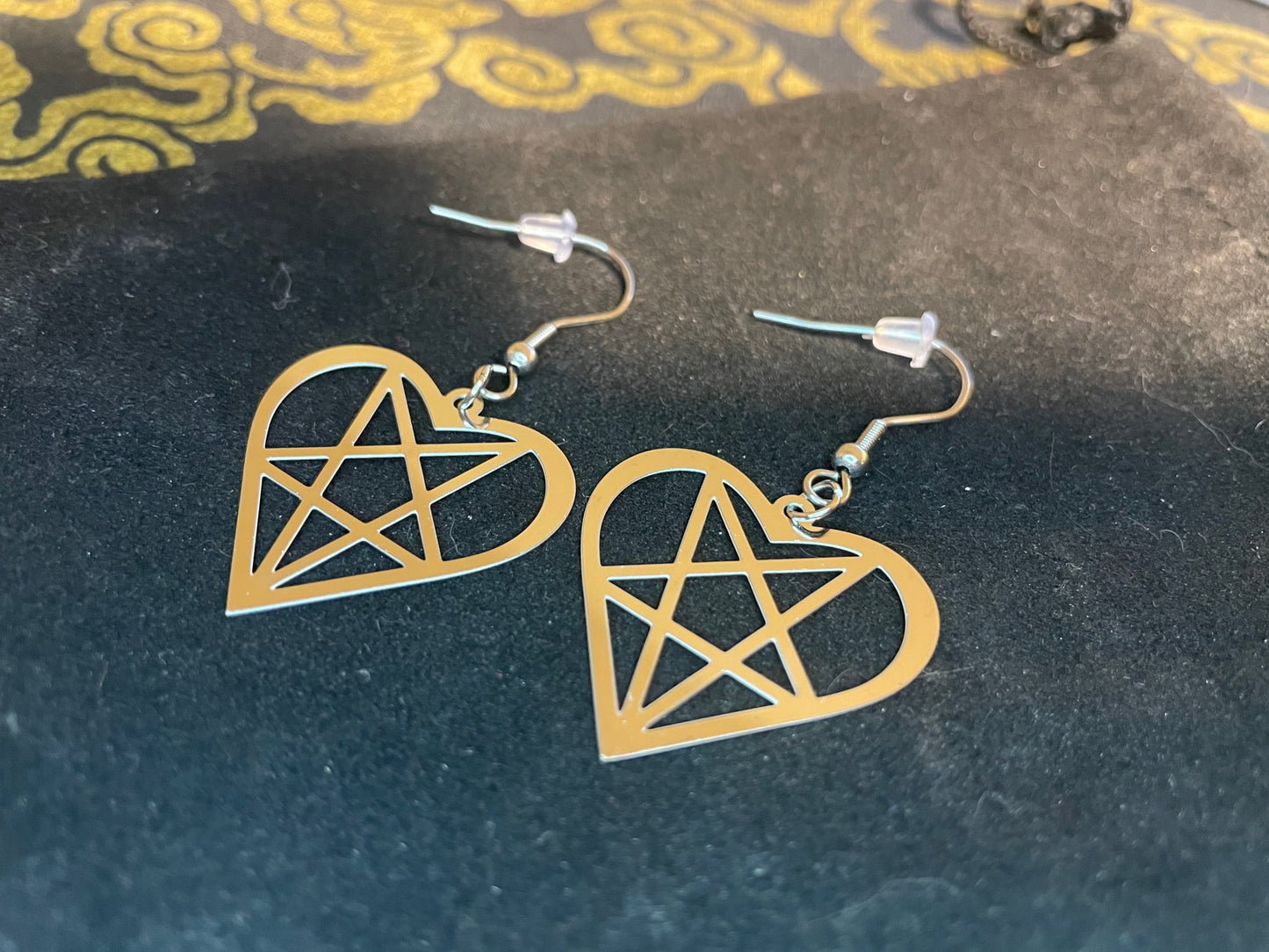 Satan's Heart Heartagram Inverted Pentagram Upside Down Stainless Steel Pendant Earrings Gothic Pagan Satanic Wiccan Best Gift - Silver