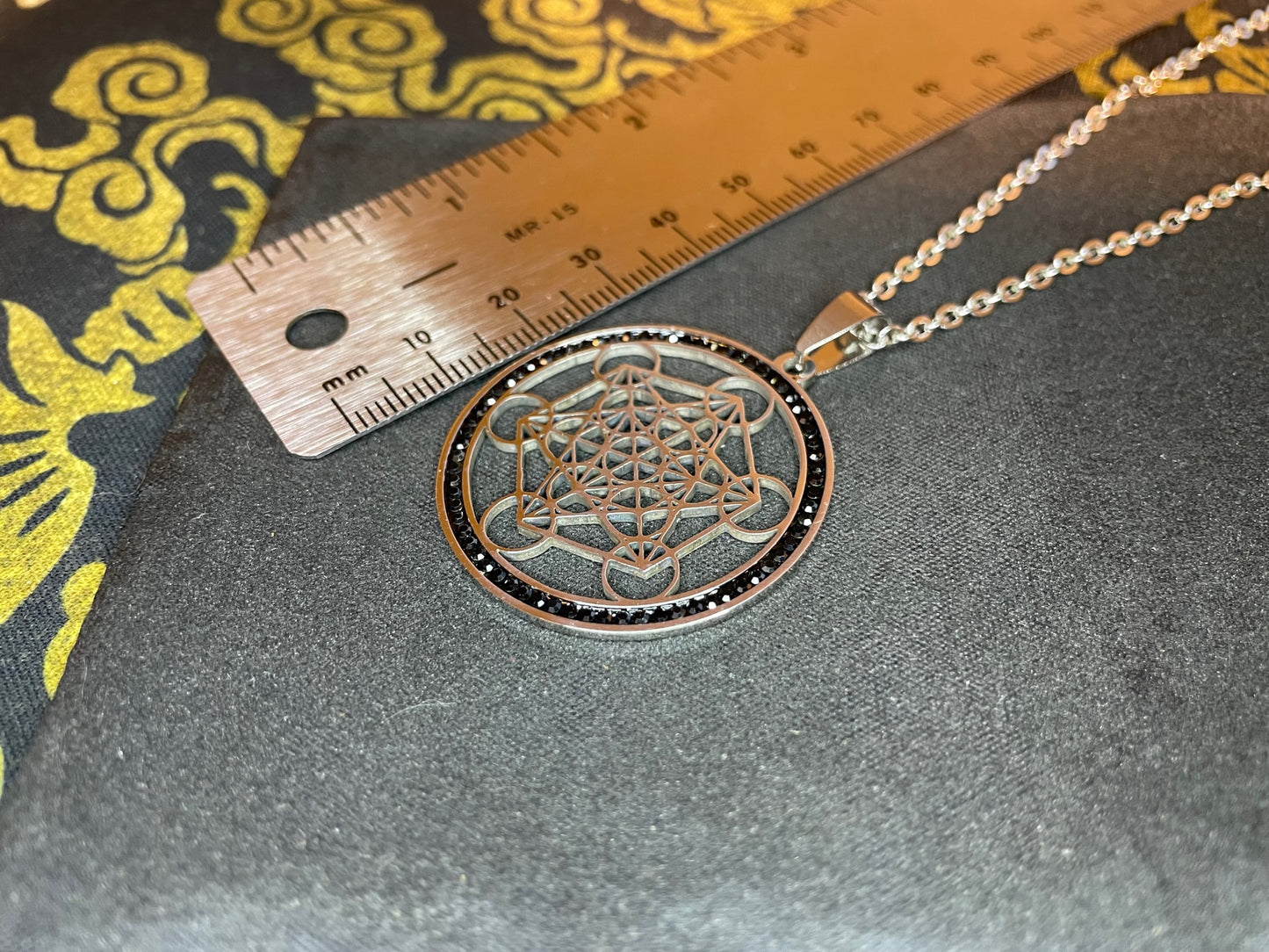 Metatron's Cube Flower of Life Sacred Geometry Yoga Hindu Buddhism Stainless Steel Pendant Necklace Occult Jewelry -  Silver & Black Diamond