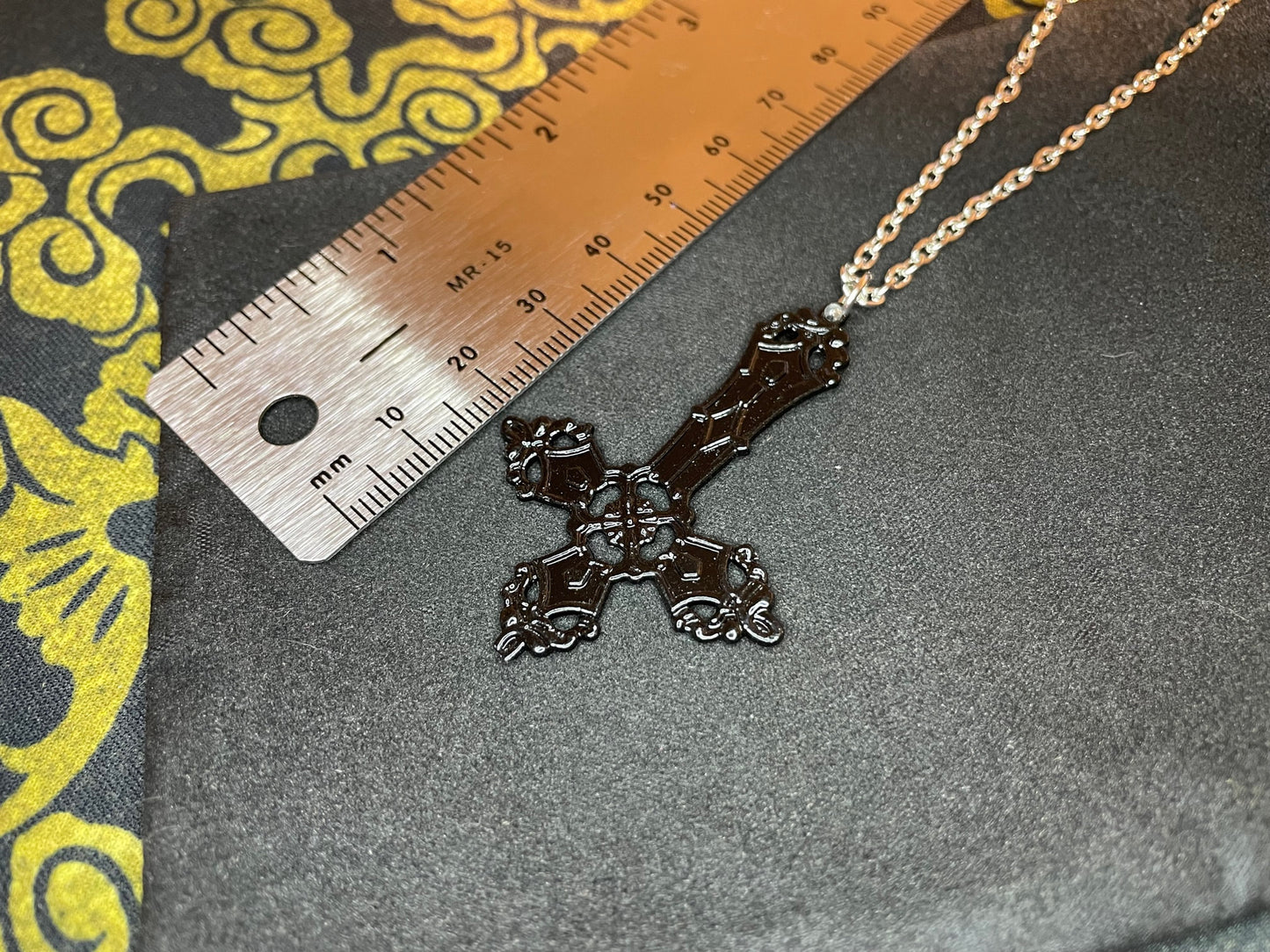 Ornate Upside Down Cross Inverted Crucifix Hand-Poured Aluminum Pendant Necklace Gothic Occult Pagan Satanic Wiccan Jewelry Gift - Black