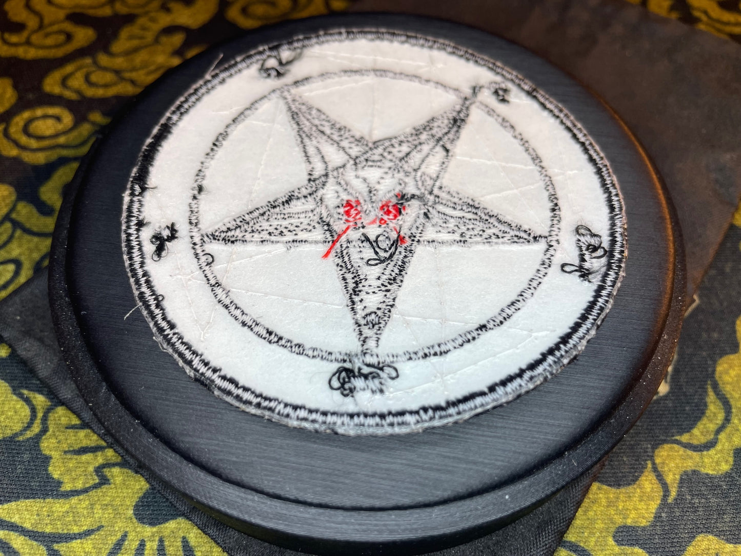 Sigil of Baphomet Embroidered Fabric Iron-On Patch Red Eyes Washable Non-Toxic Church of Satan Gothic Satanic Wiccan Occult - White & Black