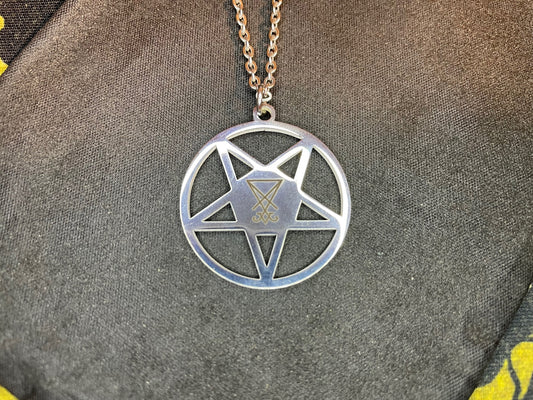 Inverted Pentagram Sigil of Lucifer Upside Down Stainless Steel Pendant Necklace Satanic Gothic Pagan Wiccan Occult Jewelry Gift - Silver