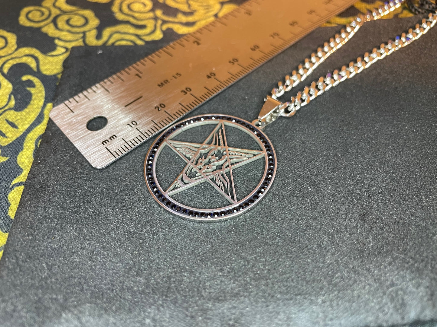 Sigil of Baphomet Church of Satan Upside Down Inverted Pentagram Stainless Steel Pendant Necklace Satanic Jewelry - Silver & Black Diamond