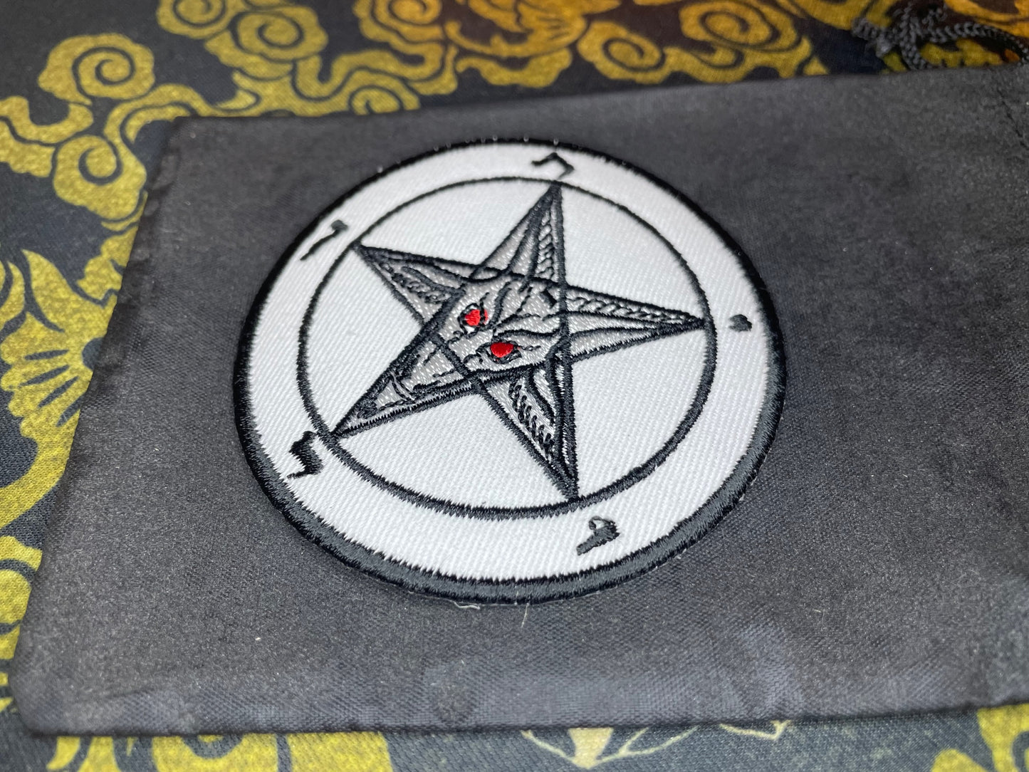 Sigil of Baphomet Embroidered Fabric Iron-On Patch Red Eyes Washable Non-Toxic Church of Satan Gothic Satanic Wiccan Occult - White & Black