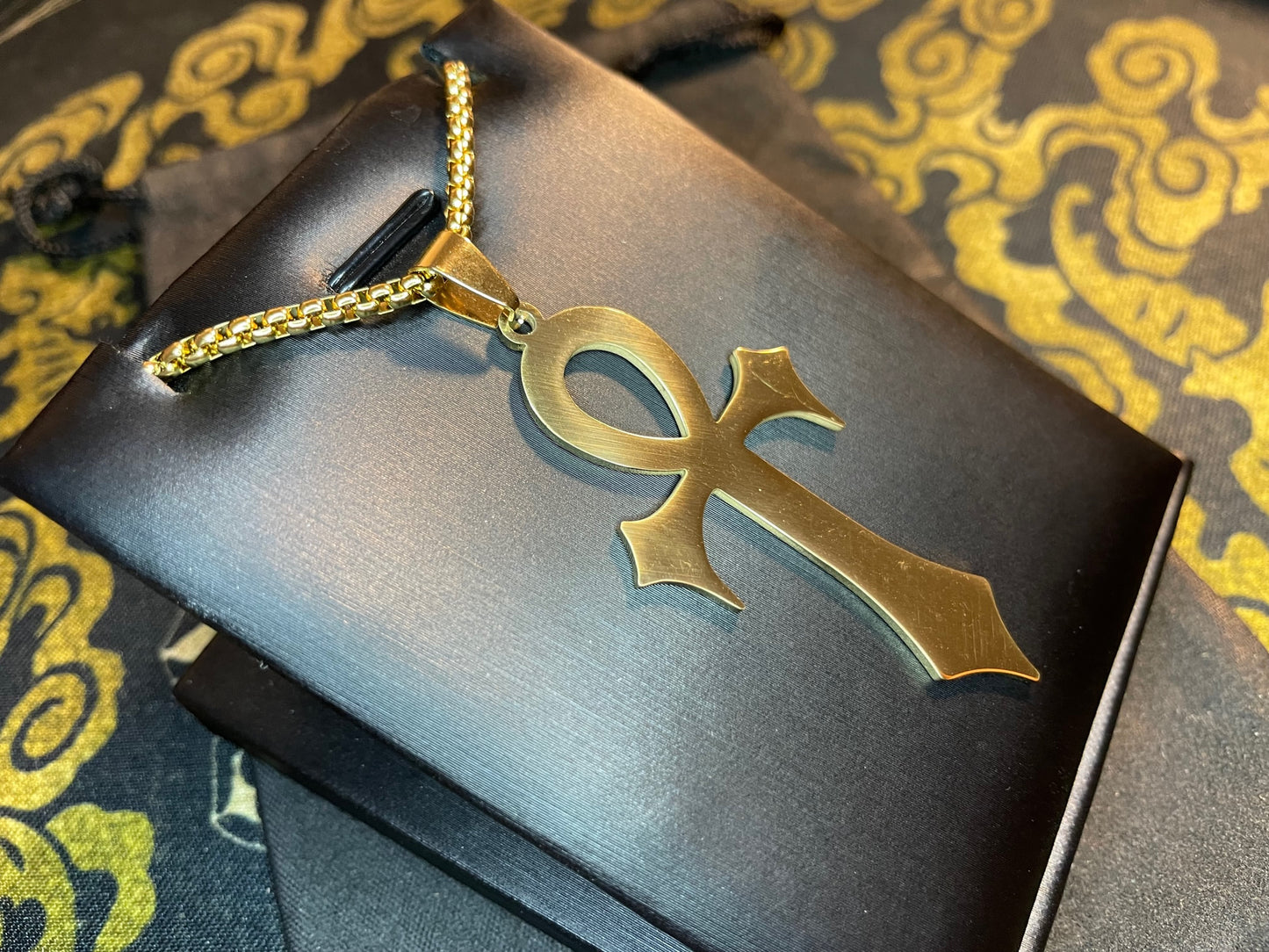 Fanged Egyptian Ankh Cross Key of Life Hieroglyphic Stainless Steel Pendant Necklace Gothic Pagan Satanic Wiccan Occult Jewelry Gift - Gold