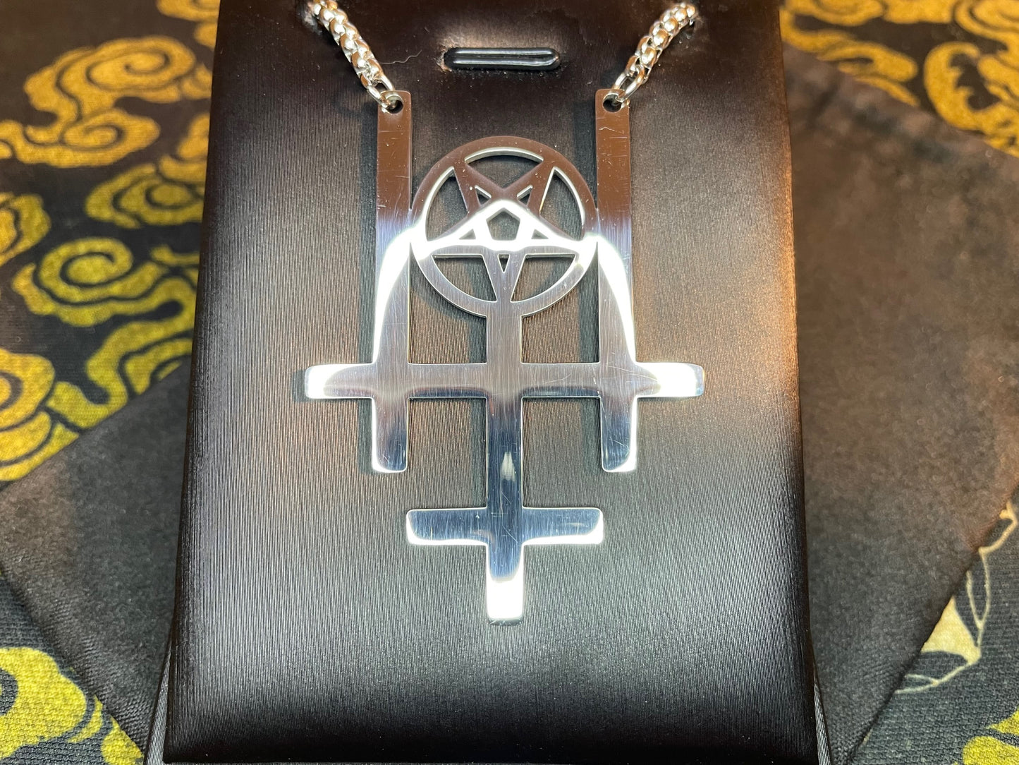 Triple Upside Down Reverse Cross Inverted Pentagram Stainless Steel Pendant Necklace Gothic Pagan Wicca Satanic Occult Jewelry Gift - Silver