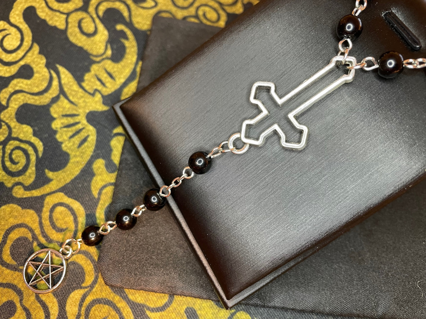 Satanic Rosary Upside Down Inverted Cross Pentagram Pendant Necklace Small Bead Gothic Pagan Wiccan Occult Jewelry Gift - Silver & Black