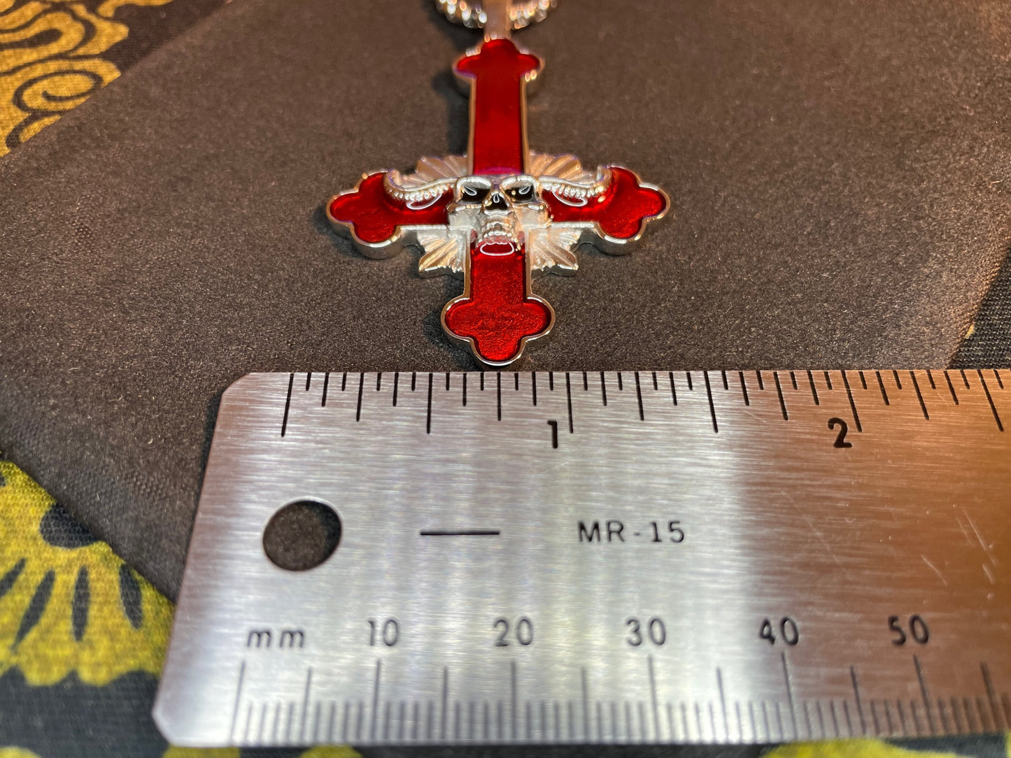 Upside Down Inverted Cross Horned Skull Stainless Steel Pendant Necklace Biker Gothic Satanic Church Wiccan Occult Jewelry Best Gift - Red