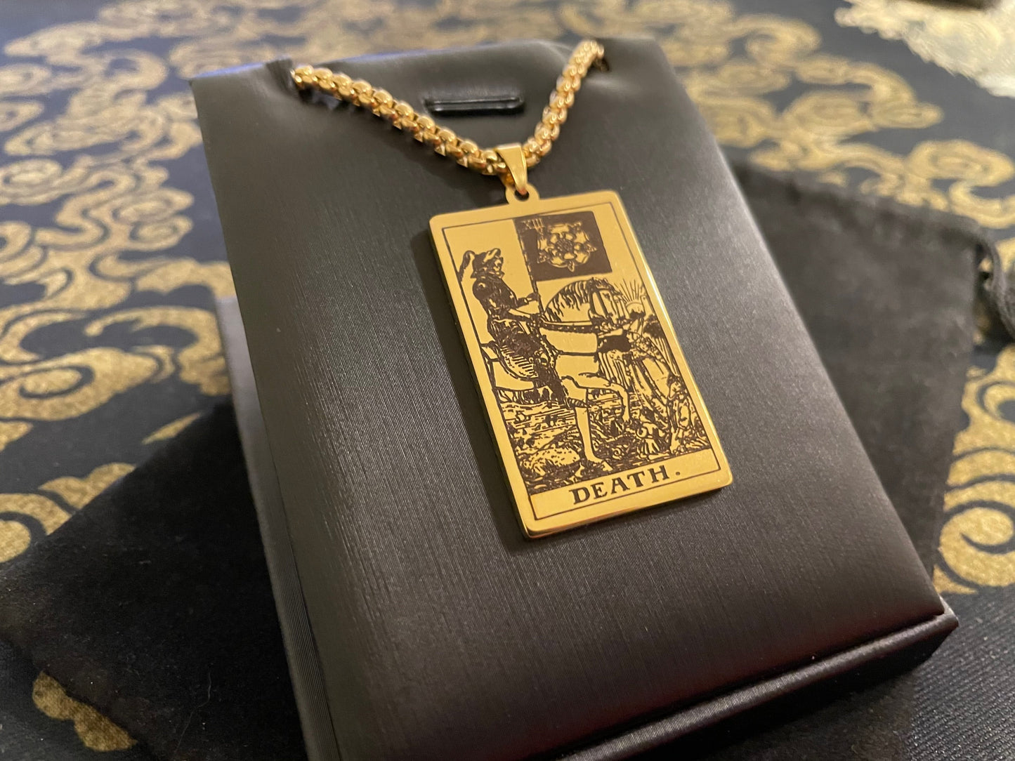 Death Tarot Card Necklace Rider Waite Deck Laser Engraved Stainless Steel Pendant Gothic Pagan Wiccan Satanic Occult Accessory Gift - Gold