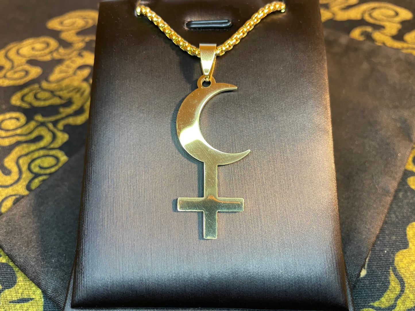 Lilith Symbol Crescent Moon Inverted Upside Down Cross Stainless Steel Necklace Gothic Pagan Satanic Wiccan Occult Jewelry Best Gift - Gold