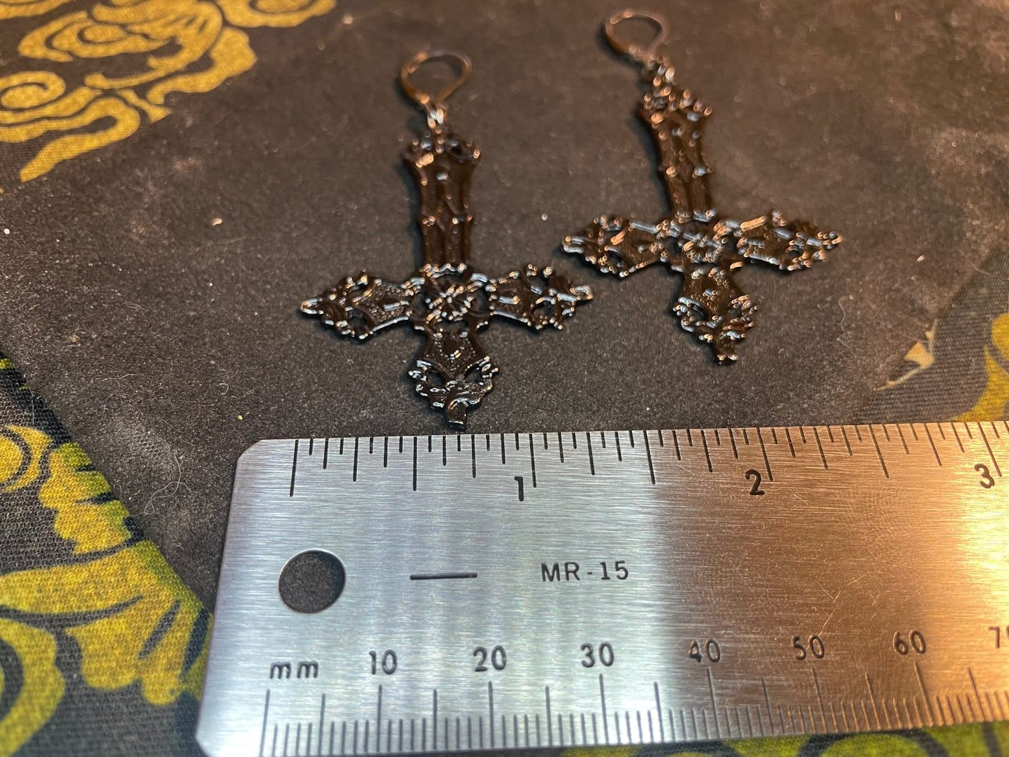 Ornate Upside Down Cross Inverted Crucifix Hand-Poured Aluminum Pendant Earrings Gothic Occult Pagan Satanic Wiccan Jewelry Gift - Black