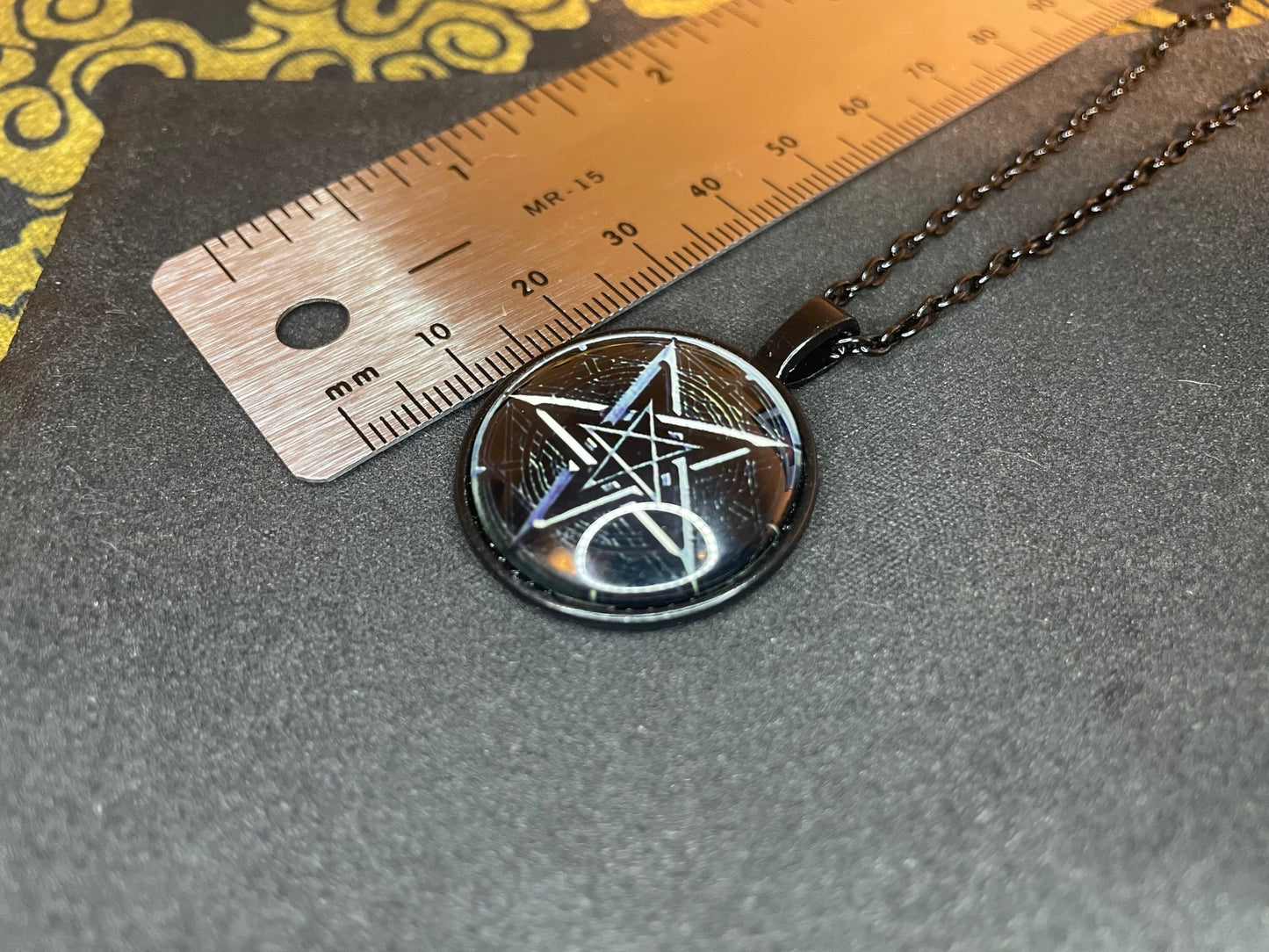 Double Pentagram Sigil of Leviathan Baphomet Lucifer Glass Stainless Steel Pendant Necklace Satanic Wiccan Pagan Occult Jewelry Gift - Black