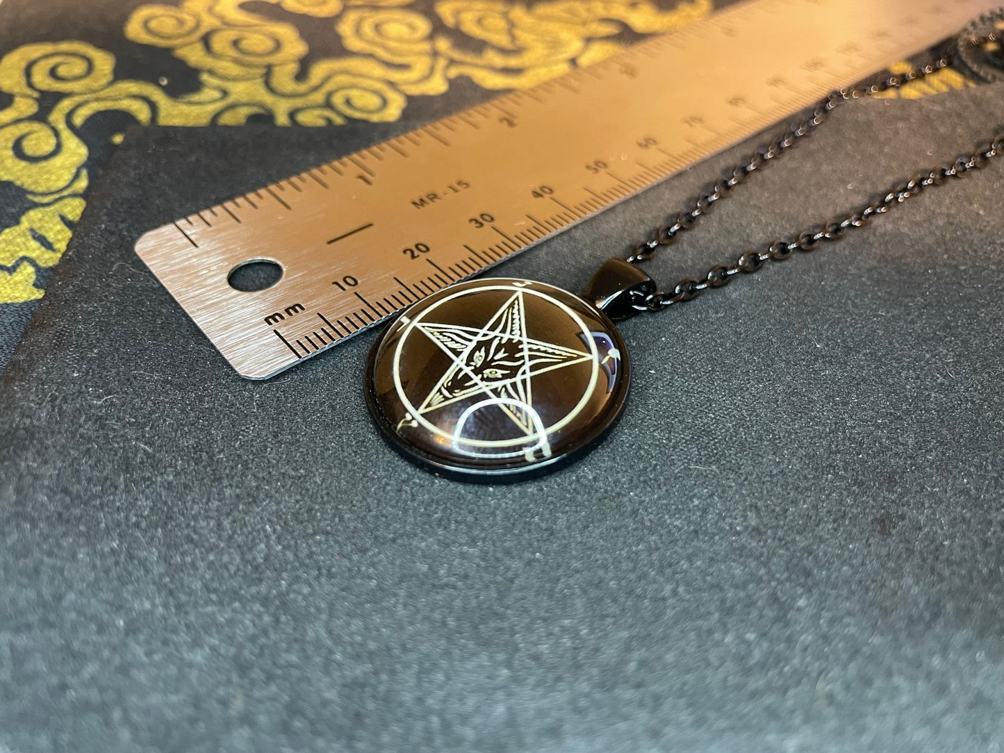 Sigil of Baphomet Pentagram Church of Satan Lucifer Glass Stainless Steel Pendant Necklace Satanic Wiccan Pagan Occult Jewelry Gift - Black