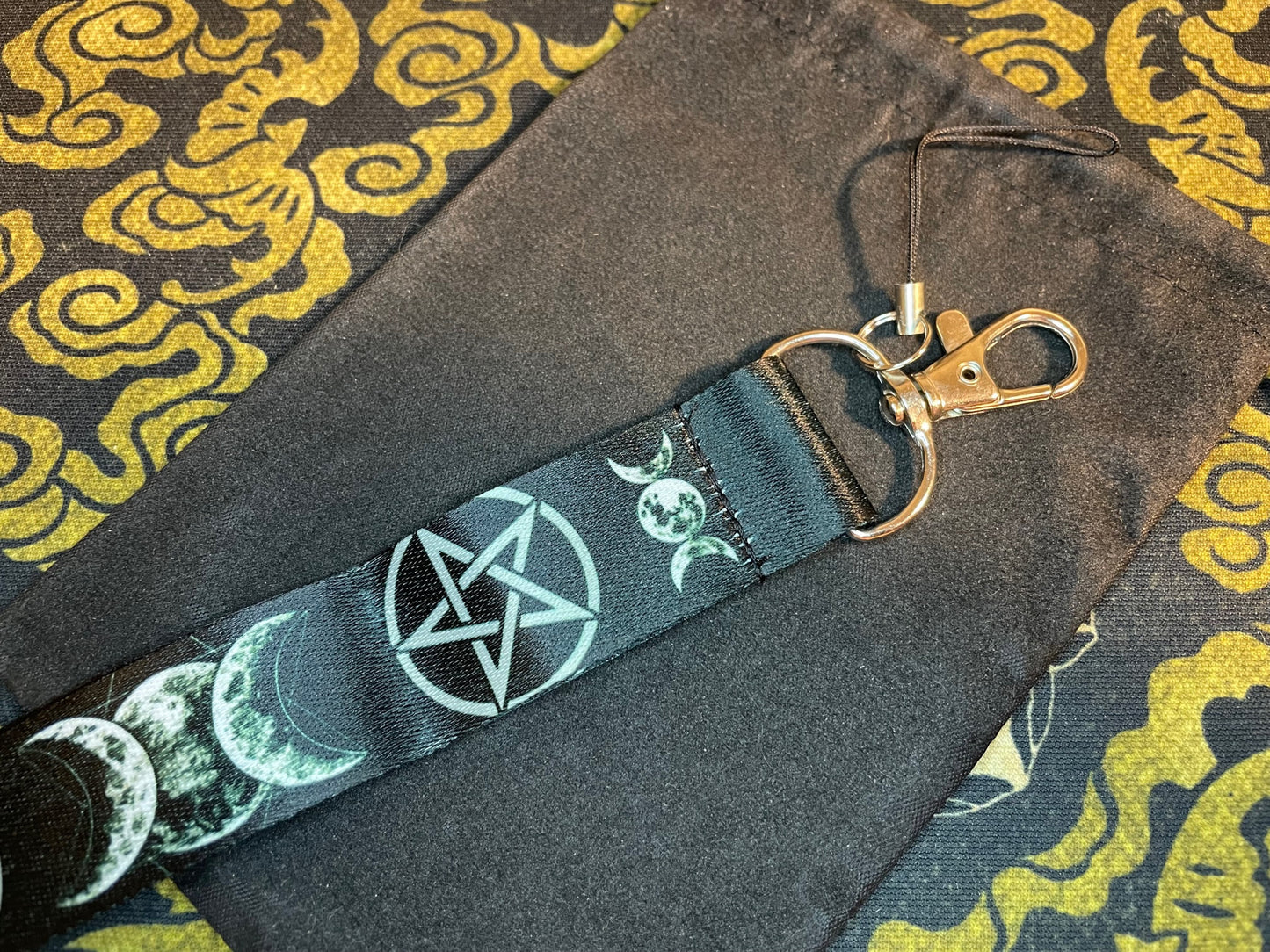 Triple Moon Goddess Lanyard ID Badge Holder Keychain Crescent Moon Pentacle Sigil of Baphomet Inverted Pentagram Wiccan Satanic Gothic Gift