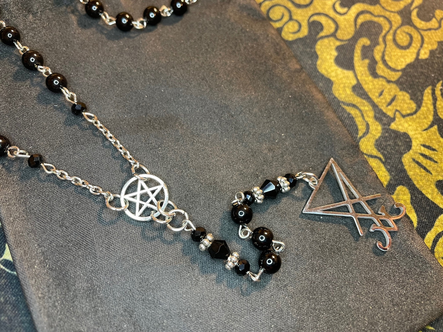 Satanic Rosary Inverted Pentagram Sigil of Lucifer Pendant Necklace Small Beads Gothic Pagan Wiccan Occult Jewelry Gift - Silver & Black