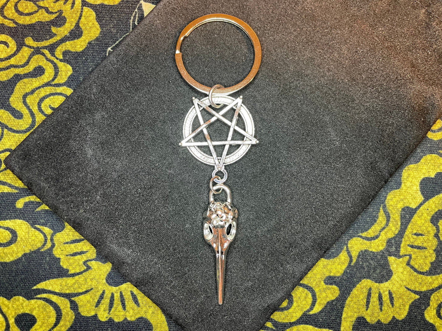 Raven Skull Pentagram Keychain Crow Bird Skeleton Inverted Upside Down Stainless Steel Wiccan Satanic Gothic Pagan Occult Jewelry - Silver