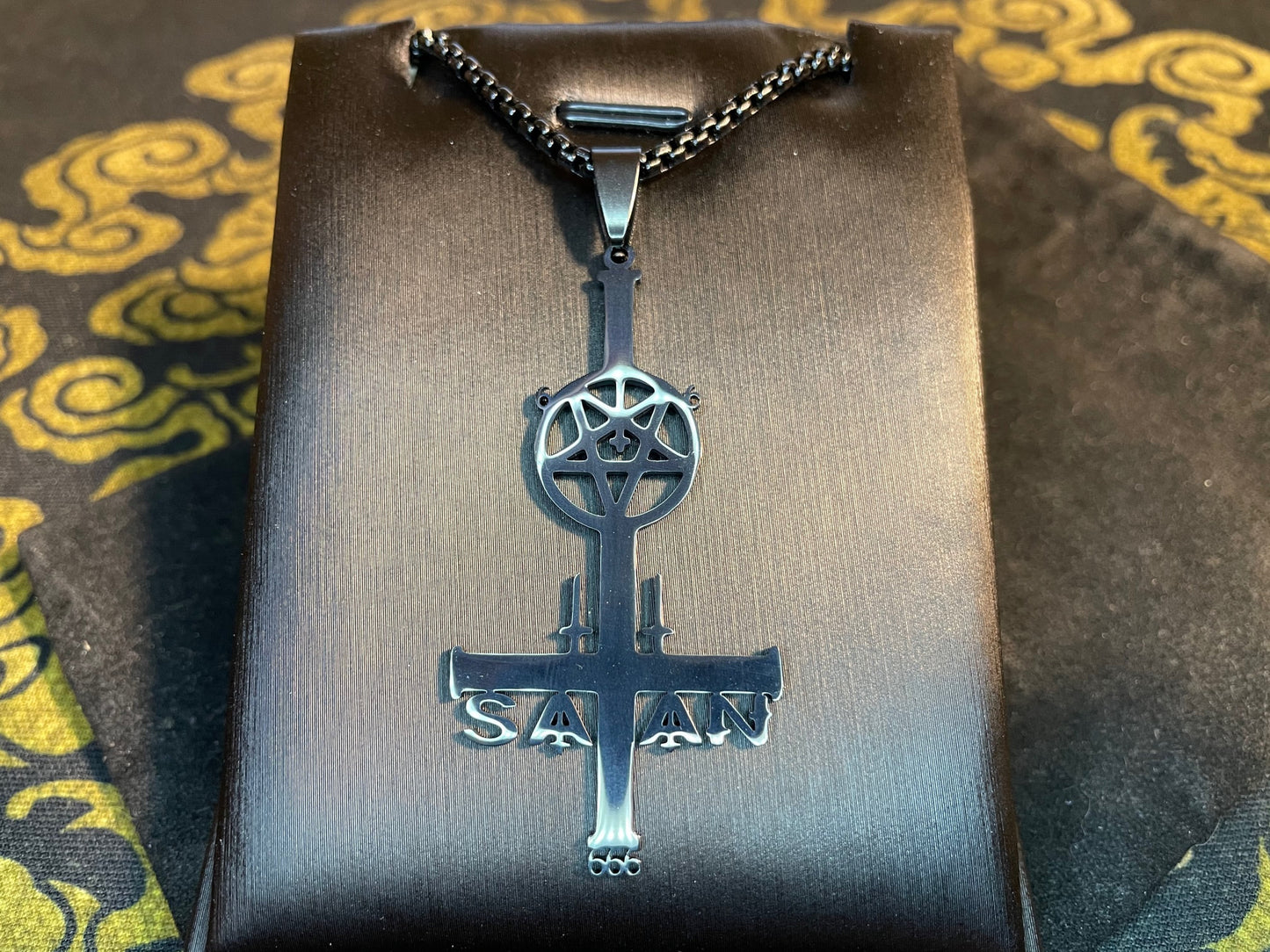 Inverted Upside Down Cross w/ Pentagram 666 Symbol Pendant Necklace Vintage Occult Gothic Dark Pagan Satanic Men Women Jewelry Gift - Black