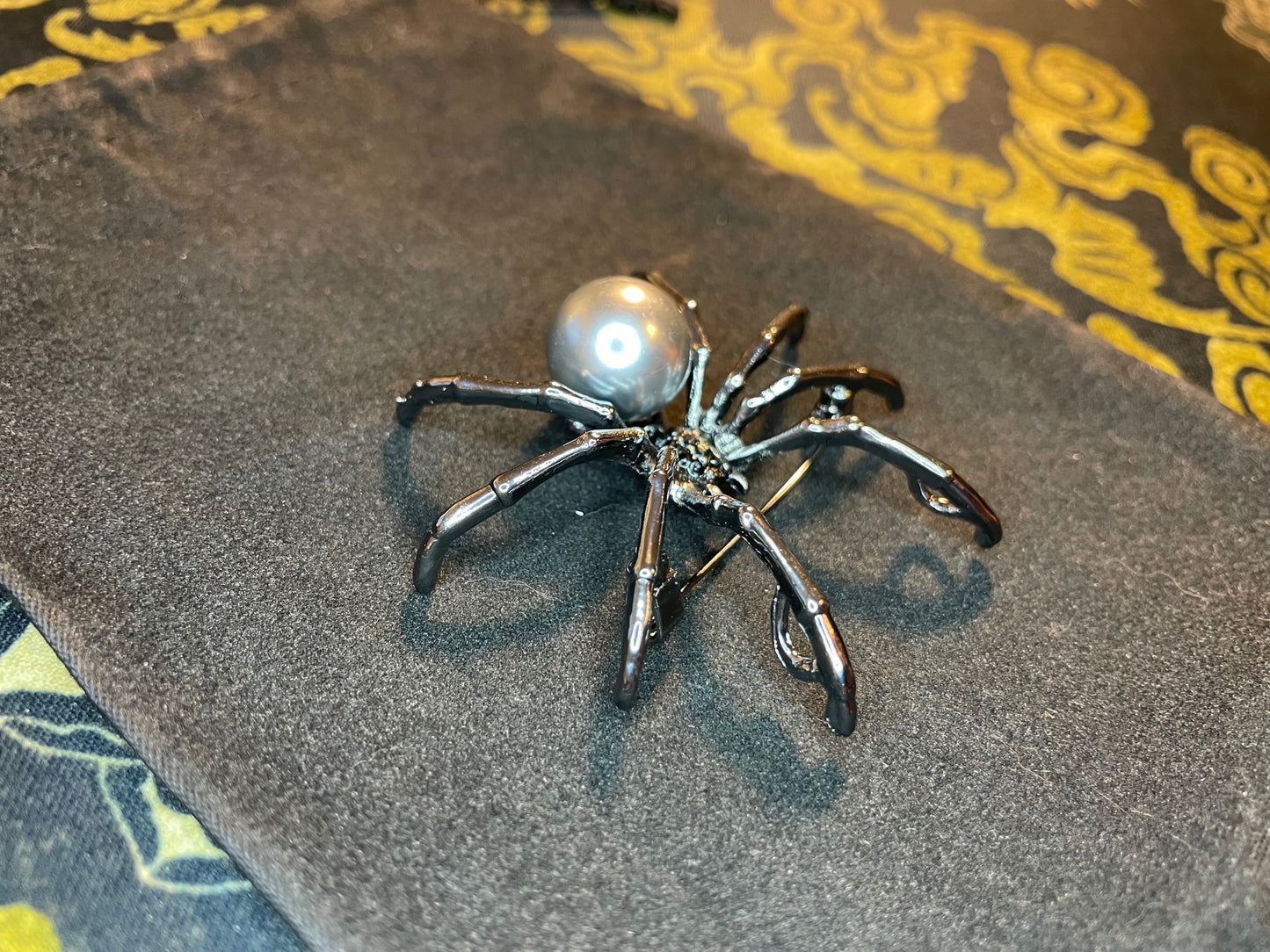 Black Pearl Diamond Encrusted Venomous Widow Spider Web Stainless Steel Lapel Pin Brooch Corsage Satanic Gothic Pagan Wiccan Gift - Silver