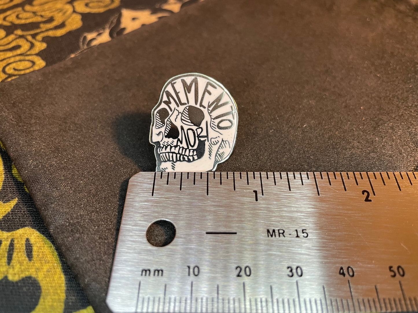 Memento Mori Skull Skeleton Latin Death Quote Enamel Stainless Steel Lapel Pin Occult Wiccan Satanic Gothic Pagan Best Gift - Silver & White