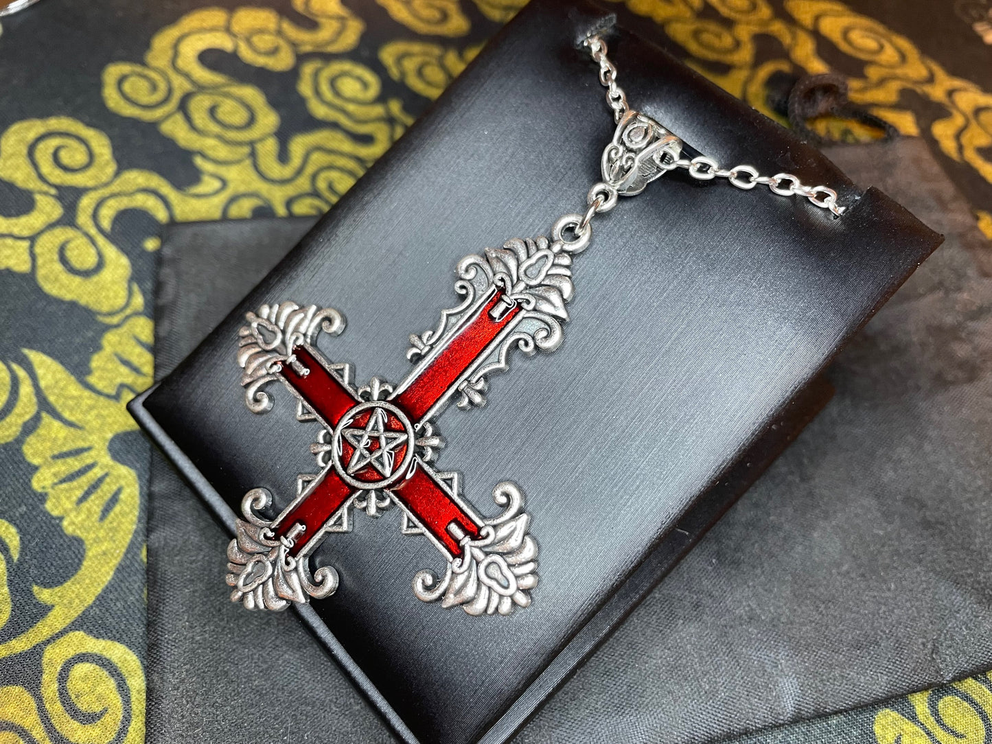 Ornate Red Inverted Upside Down Cross Pentagram Pendant Necklace Retro Vintage Gothic Satanic Pagan Wiccan Occult Jewelry Gift - Silver