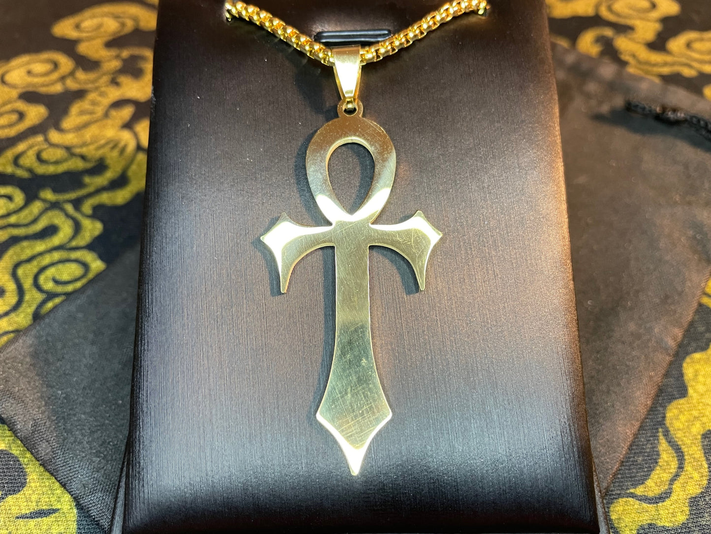 Fanged Egyptian Ankh Cross Key of Life Hieroglyphic Stainless Steel Pendant Necklace Gothic Pagan Satanic Wiccan Occult Jewelry Gift - Gold