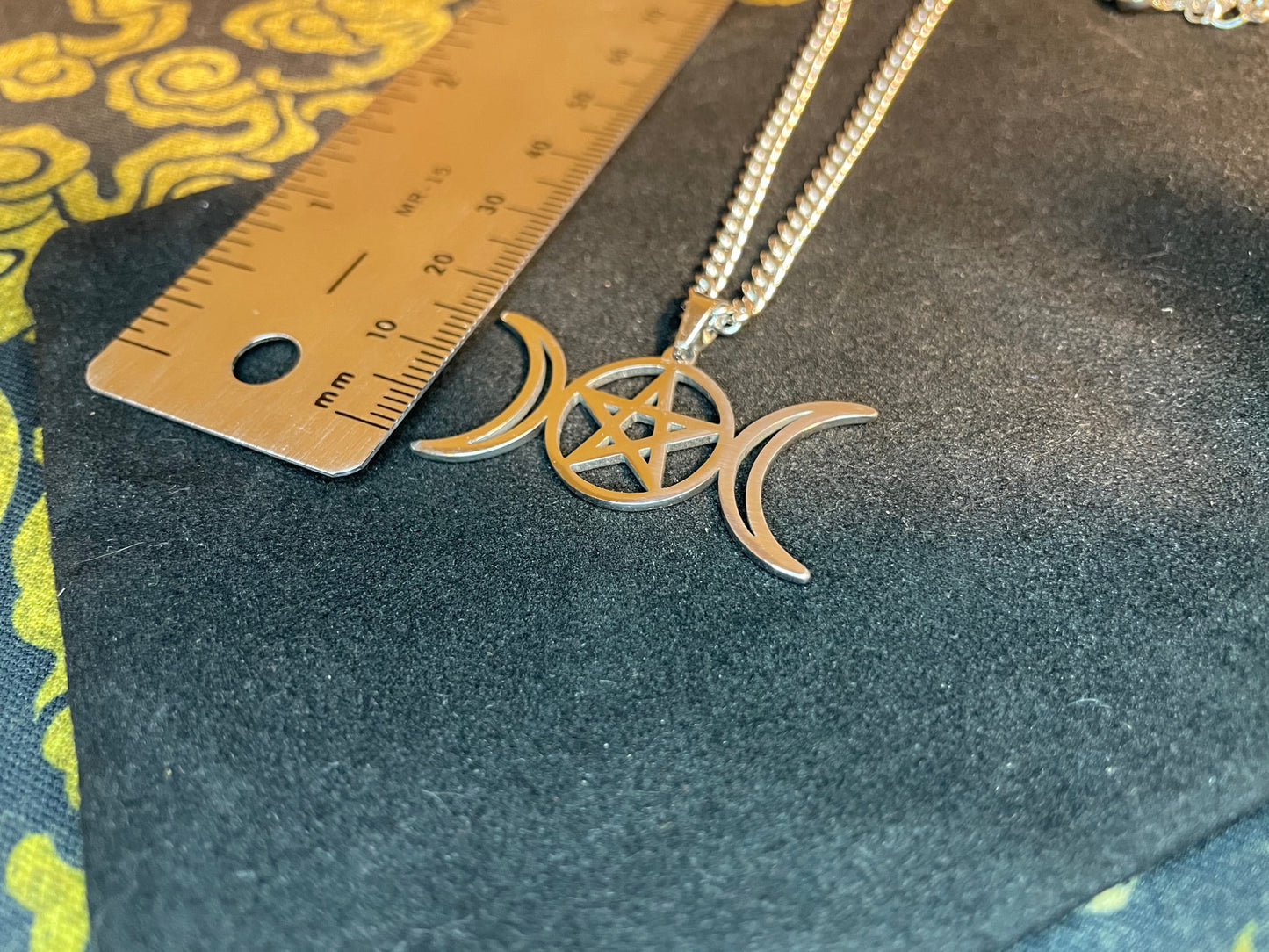 Wiccan Triple Moon Goddess Crescent Moon Pentagram Pentacle Stainless Steel Pendant Necklace Pagan Satanic Occult Jewelry Gift - Silver