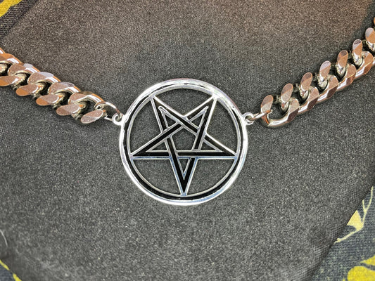 Inverted Pentagram Upside Down Choker Stainless Steel Cuban Link Chain Necklace Gothic Pagan Satanic Wiccan Occult Jewelry Gift - Silver