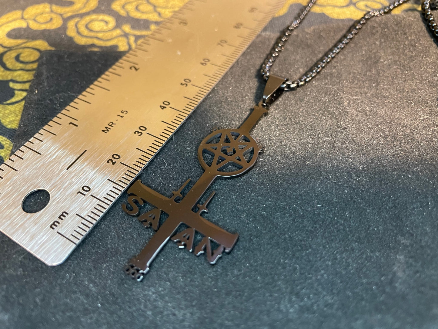 Inverted Upside Down Cross w/ Pentagram 666 Symbol Pendant Necklace Vintage Occult Gothic Dark Pagan Satanic Men Women Jewelry Gift - Black