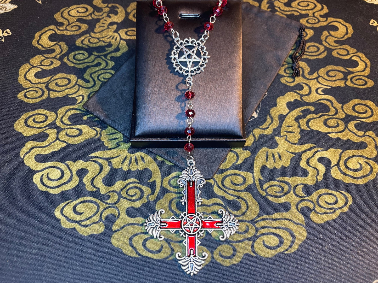 Satanic Rosary Inverted Pentagram Ornate Upside Down Cross 666 Stainless Steel Pendant Wiccan Occult Necklace Jewelry Gift - Silver & Red