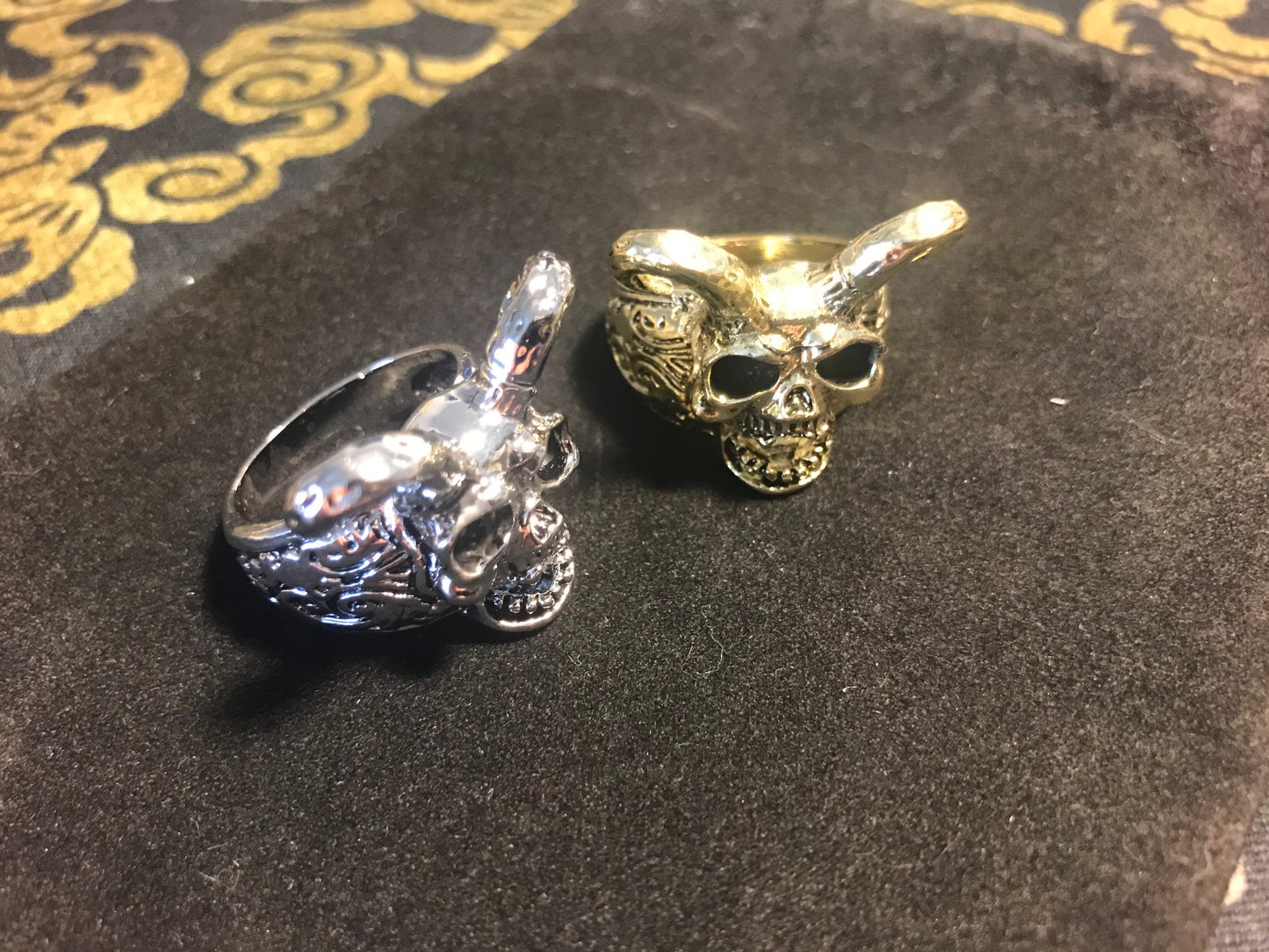 Laughing Demon Horned Skull Biker Ring Gothic Classic Vintage Skeleton Horns Satanic Occult Wiccan Druid Magic Jewelry Gift - Gold & Silver