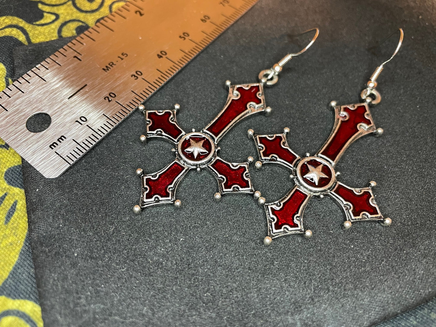 Red Crimson Bloody Inverted Upside Down Cross Pendant Earrings Star Vintage Gothic Satanic Pagan Wiccan Occult Jewelry Best Gift - Silver