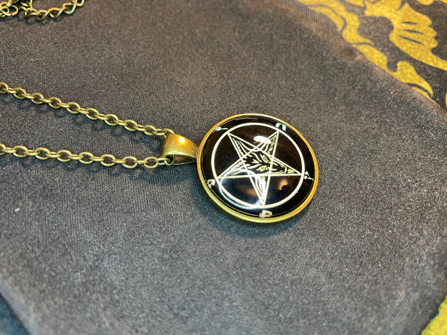 Sigil of Baphomet Pentagram Church of Satan Lucifer Glass Stainless Steel Pendant Necklace Satanic Wiccan Pagan Occult Jewelry Gift - Bronze