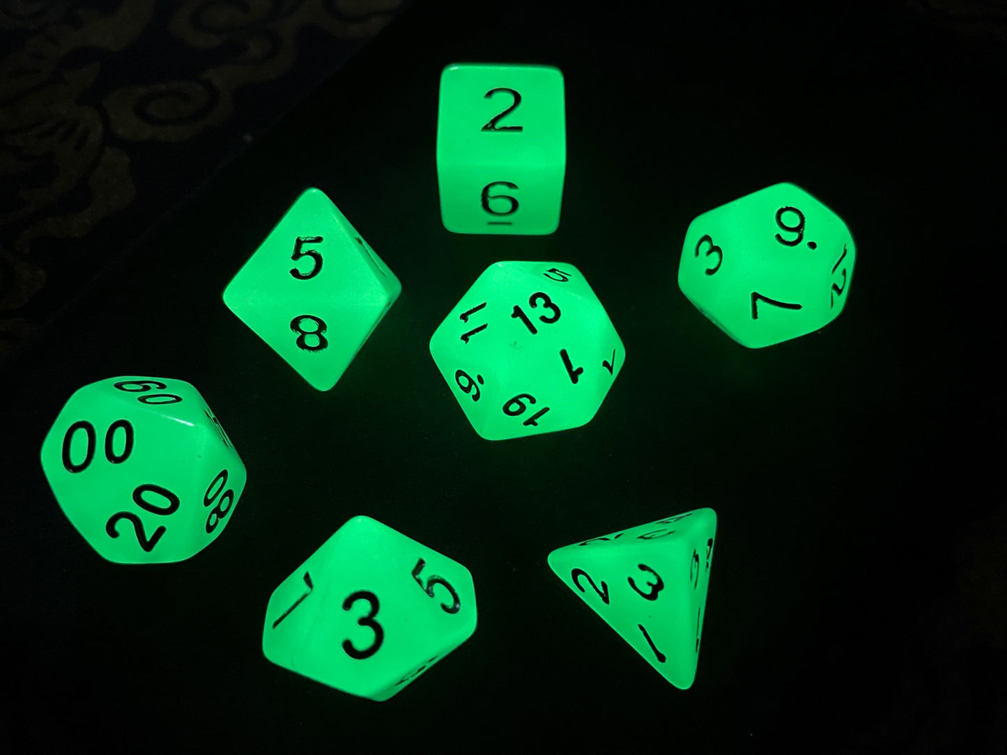 Glow in the Dark Fantasy Game Dice Set of Seven d20 d12 d10 d10 d8 d6 d4 Dungeons Gothic Dragons Pagan Wiccan Satanic Occult Magic Ritual