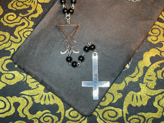 Satanic Rosary Sigil of Lucifer Upside Down Cross Inverted Pendant Necklace Small Bead Pagan Wiccan Occult Jewelry Gift - Silver & Black