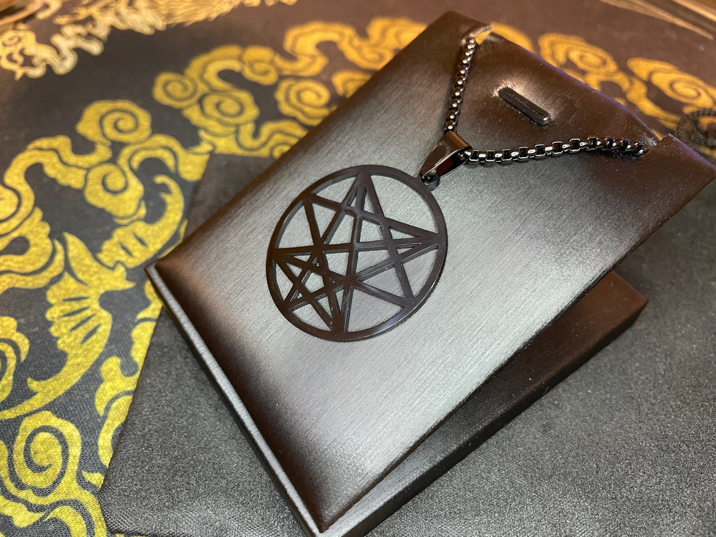 Nine Angles Seal of the Devil Sacred Geometry Pendant Necklace Stainless Steel Magical Amulet Talisman Satanic Church Wiccan Occult Jewelry - Black