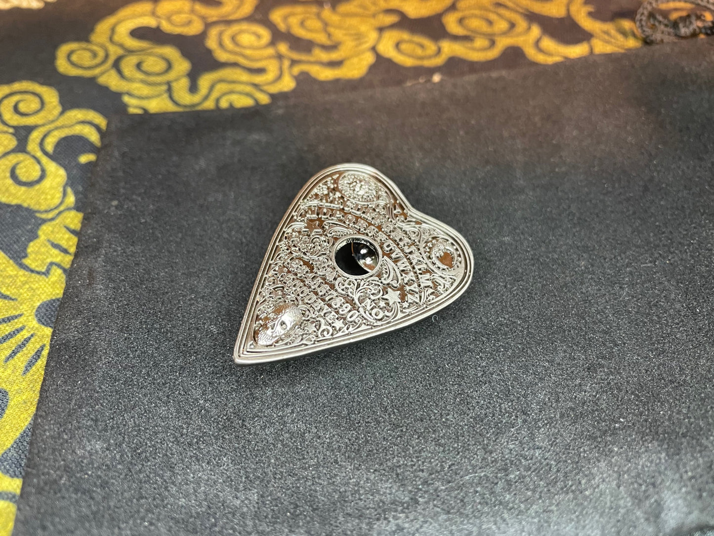 Ouija Board Planchette Stainless Steel Double Lapel Pin Skull Sun Moon Yes No Wiccan Satanic Gothic Pagan Jewelry Accessory Gift - Silver