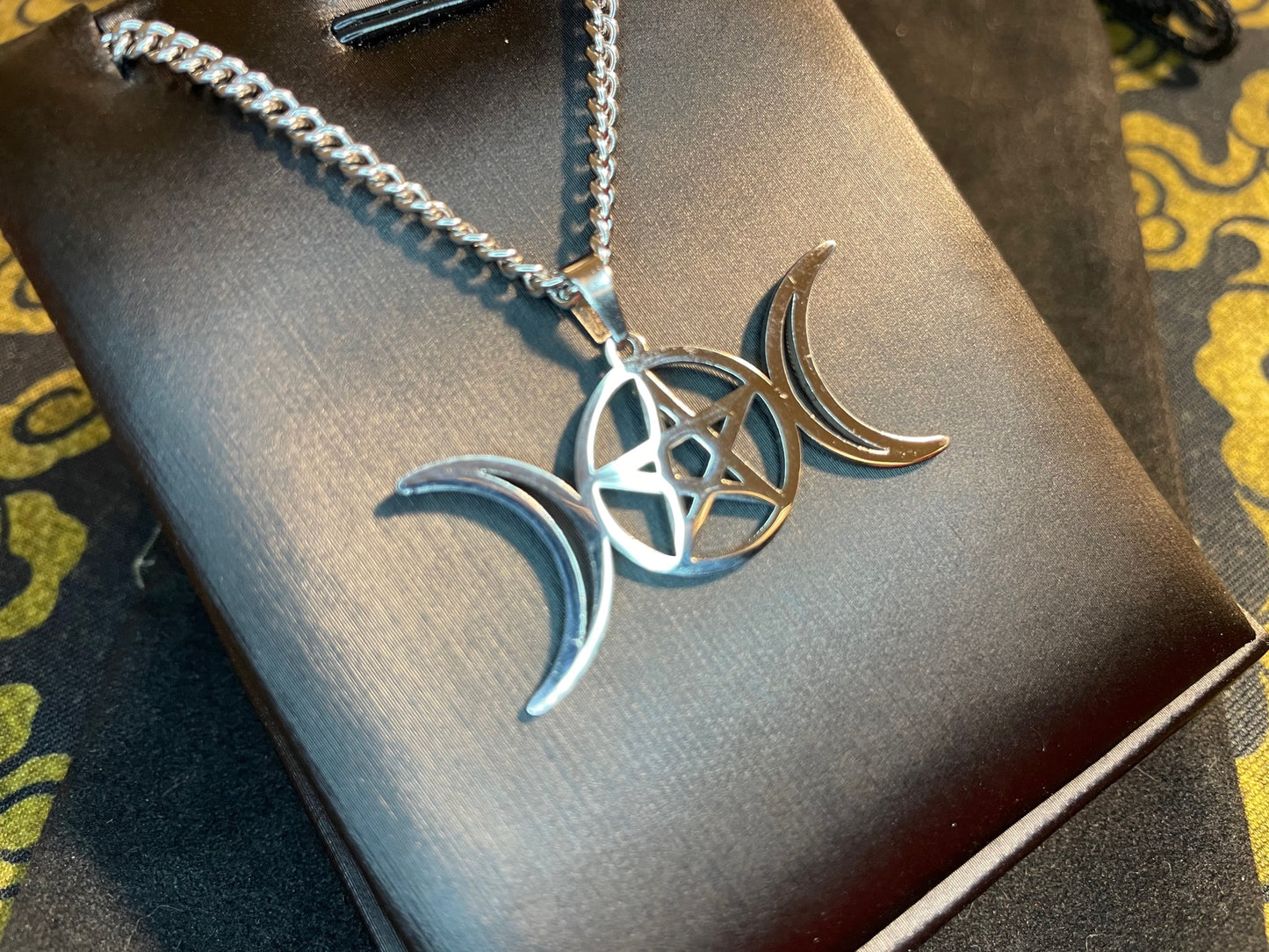 Wiccan Triple Moon Goddess Crescent Moon Pentagram Pentacle Stainless Steel Pendant Necklace Pagan Satanic Occult Jewelry Gift - Silver