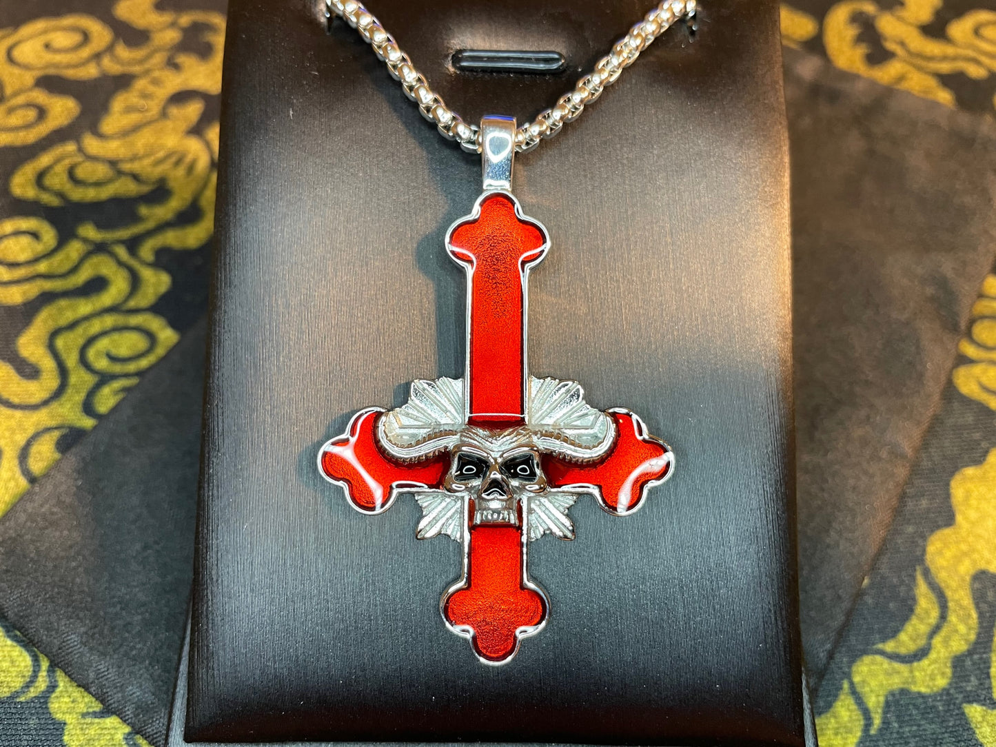 Upside Down Inverted Cross Horned Skull Stainless Steel Pendant Necklace Biker Gothic Satanic Church Wiccan Occult Jewelry Best Gift - Red