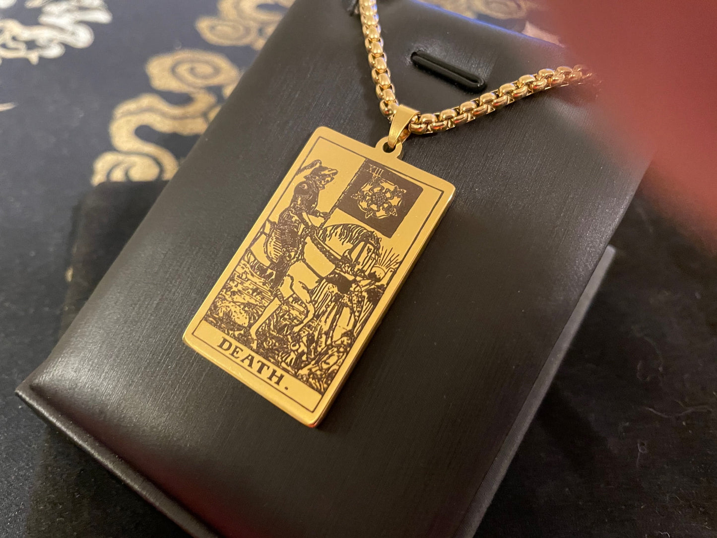 Death Tarot Card Necklace Rider Waite Deck Laser Engraved Stainless Steel Pendant Gothic Pagan Wiccan Satanic Occult Accessory Gift - Gold