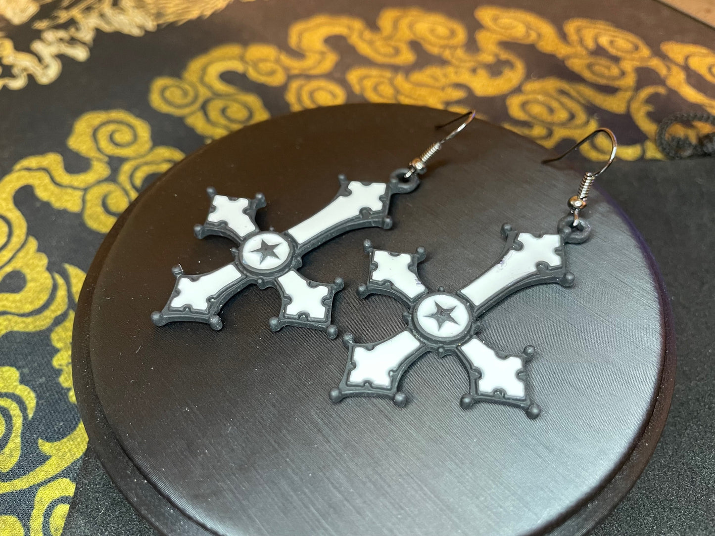 Upside Down Inverted Cross Star Stainless Steel Pendant Earrings Gothic Pagan Satanic Church Wiccan Occult Jewelry Gift -  Black & White