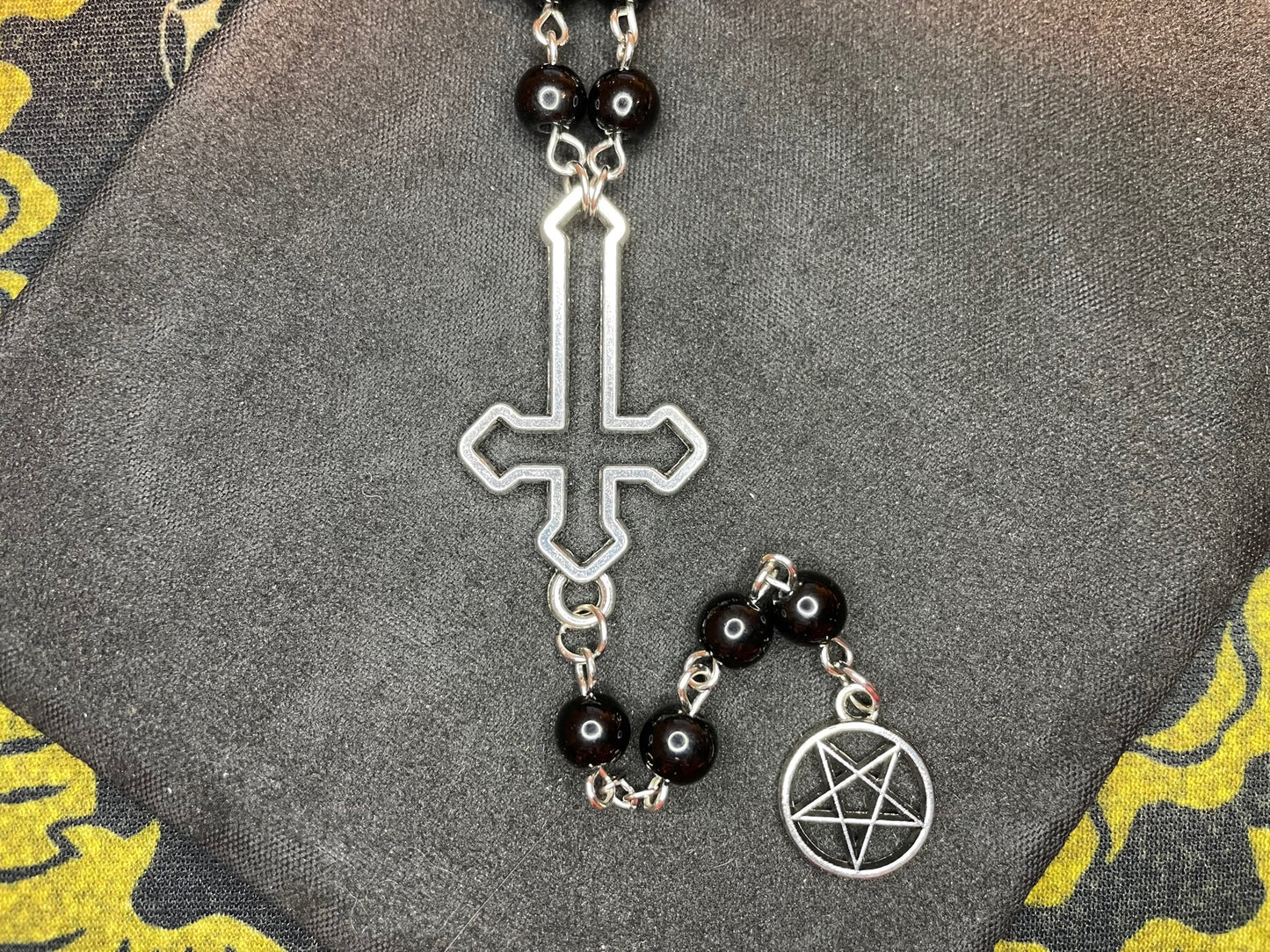 Satanic Rosary Upside Down Inverted Cross Pentagram Pendant Necklace Small Bead Gothic Pagan Wiccan Occult Jewelry Gift - Silver & Black