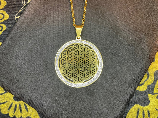 Flower of Life Sacred Geometry Yoga Hindu Buddhism Stainless Steel Pendant Necklace Pagan Occult Jewelry Best Gift - Gold & White Diamond