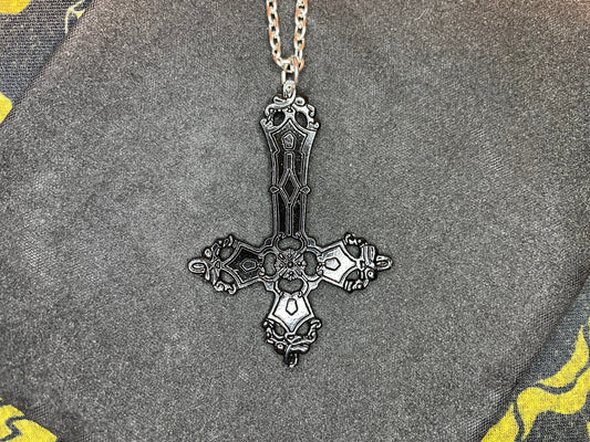 Ornate Upside Down Cross Inverted Crucifix Hand-Poured Aluminum Pendant Necklace Gothic Occult Pagan Satanic Wiccan Jewelry Gift - Black