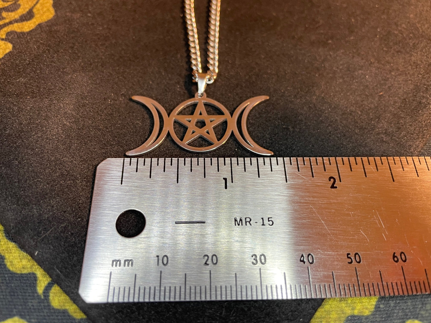 Wiccan Triple Moon Goddess Crescent Moon Pentagram Pentacle Stainless Steel Pendant Necklace Pagan Satanic Occult Jewelry Gift - Silver